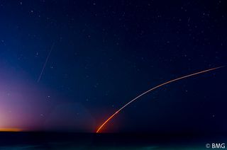 Photographer Ben Gallop snapped this serene view of NASA's LADEE moon mission launch from Jennettes Pier in Nags Head, N.C., on the night of Sept. 6, 2013.