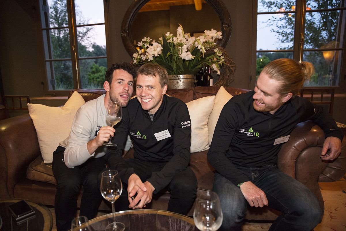 Mark Cavendish having a laugh with Edvald Boasson Hagen and Tyler Farrar at the hotel