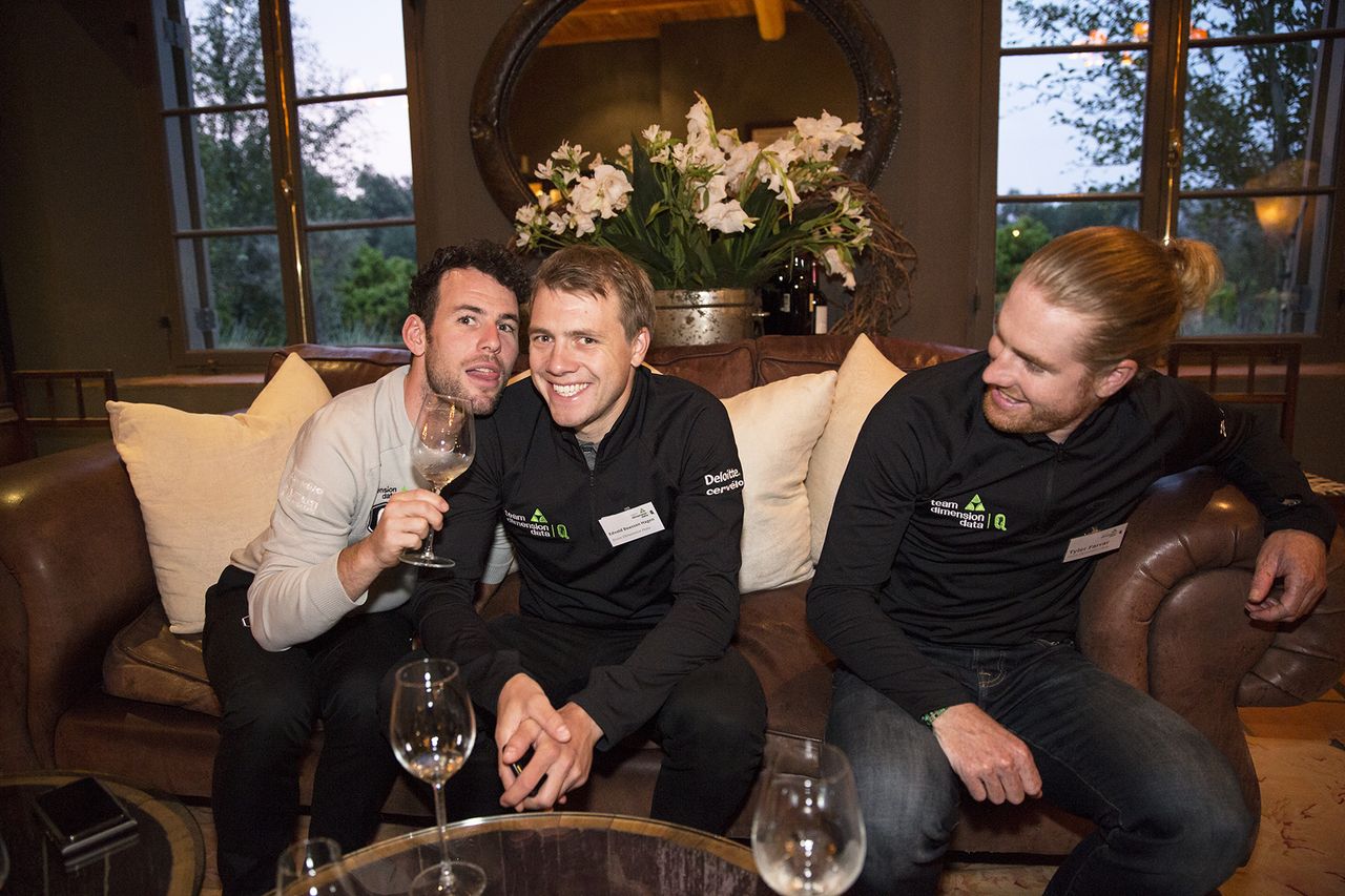 Mark Cavendish having a laugh with Edvald Boasson Hagen and Tyler Farrar at the hotel