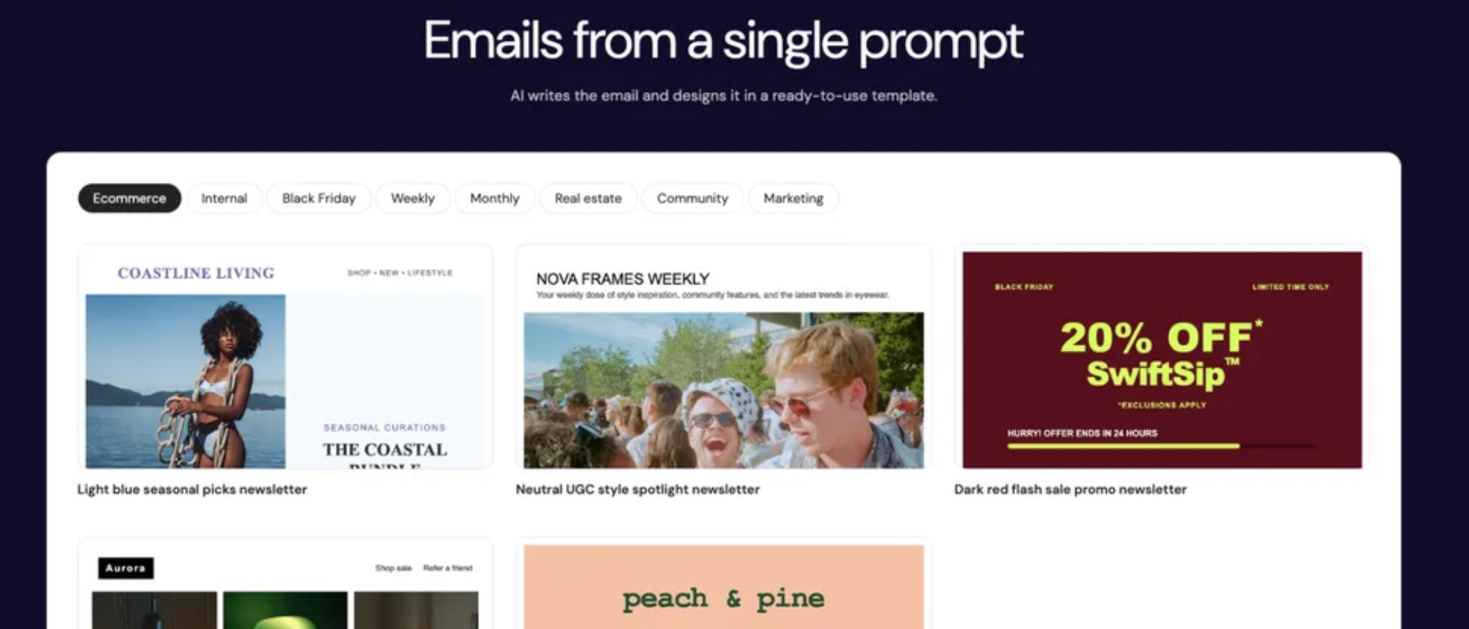 The Hostinger Reach home page which displays email templates below a headline that says 'Emails from a single prompt'