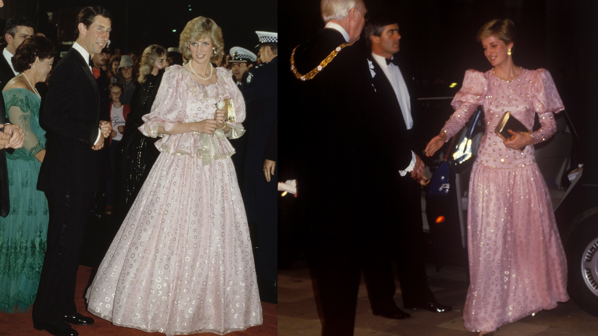 Princess Diana walking with Pink Charles in a pink puffy gown; Princess Diana wearing an altered version of the gown shaking hands with a man in a tuxedo