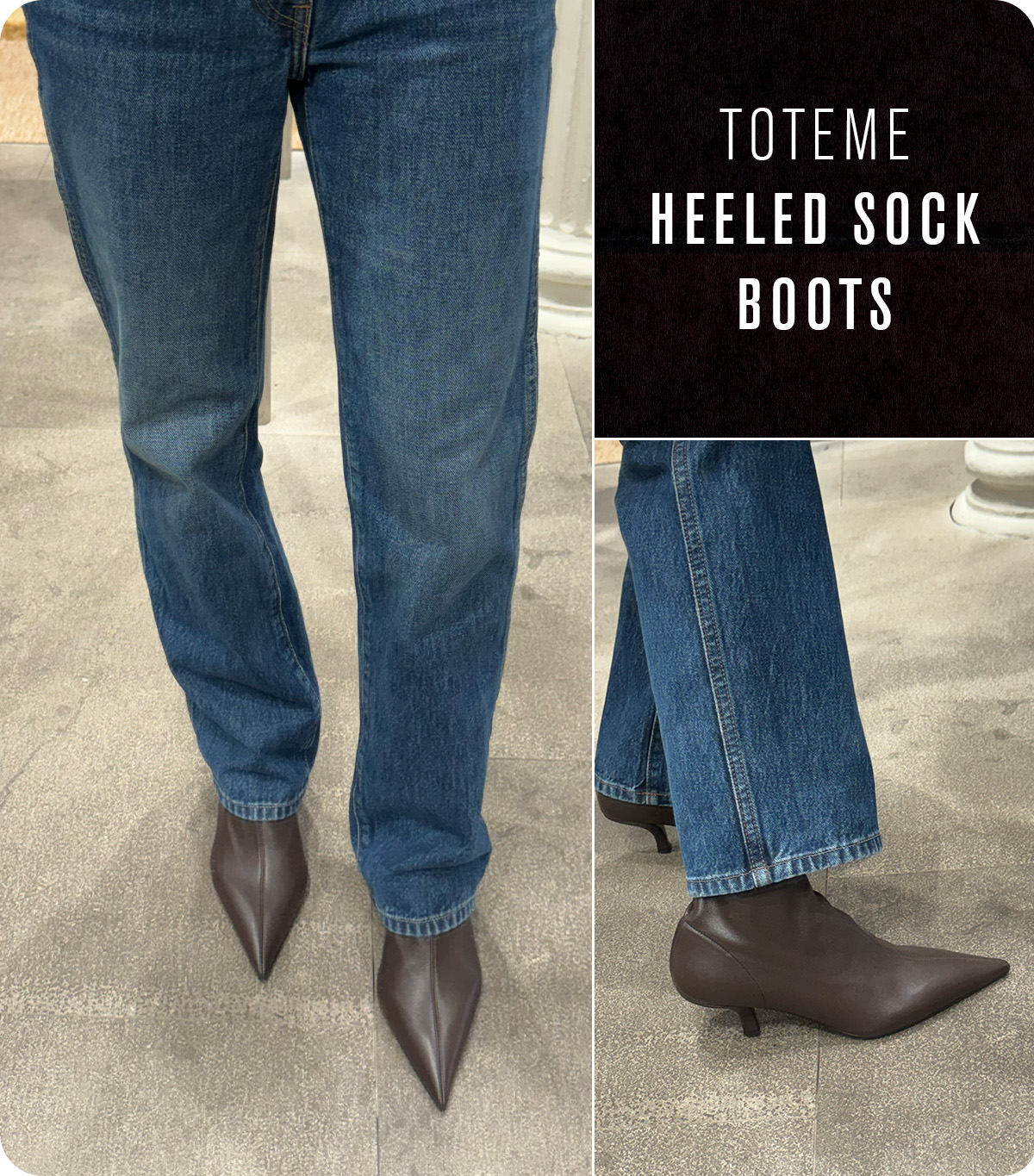 Nikki wears toteme heeled sock boots.