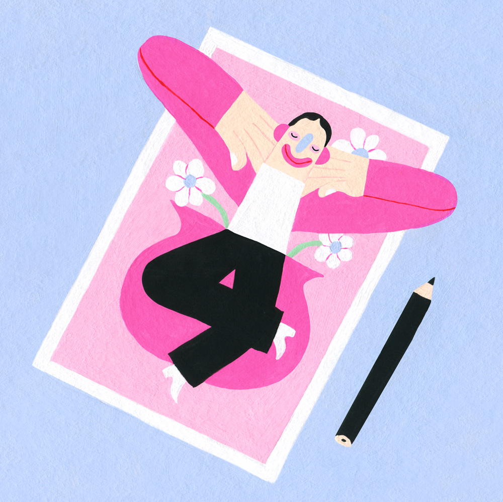 illustration of young designer lying on a carpet with a pencil next to them