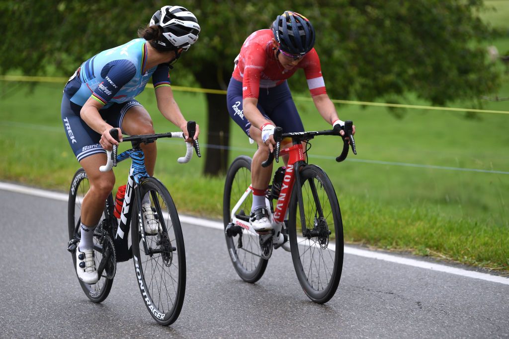 FRAUENFELD SWITZERLAND JUNE 05 Elisabeth DeignanArmitstead of United Kingdom and Team Trek Segafredo Elise Chabbey of Switzerland and Team Canyon SRAM Racing in the Breakaway during the 1st Tour de Suisse Women 2021 Stage 1 a 1143km stage from Frauenfeld to Frauenfeld tourdesuisse tds tdswomen on June 05 2021 in Frauenfeld Switzerland Photo by Tim de WaeleGetty Images
