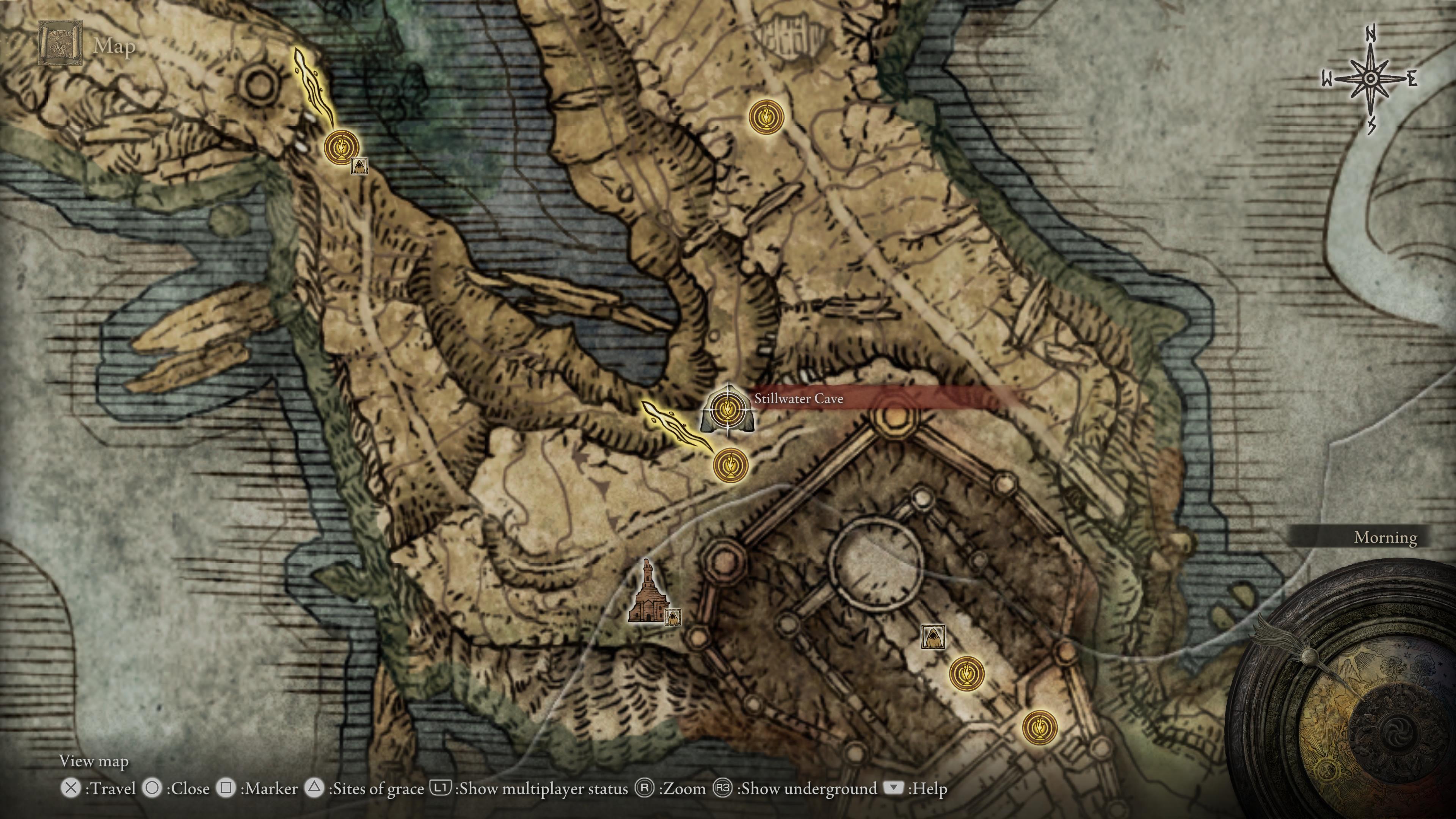 Mappa di Elden Ring che mostra la Grotta di Stillwater: