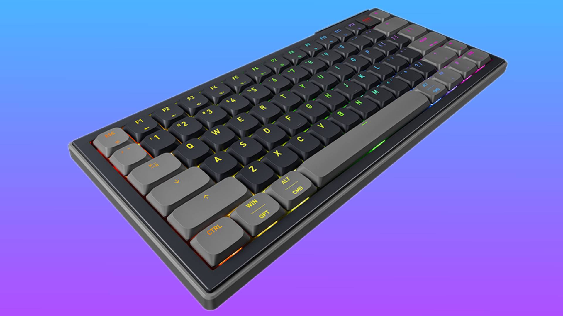 The Cherry XTRFY K63W Pro Compact 70% Ultra-Wideband wireless gaming keyboard floats in a gradient void.