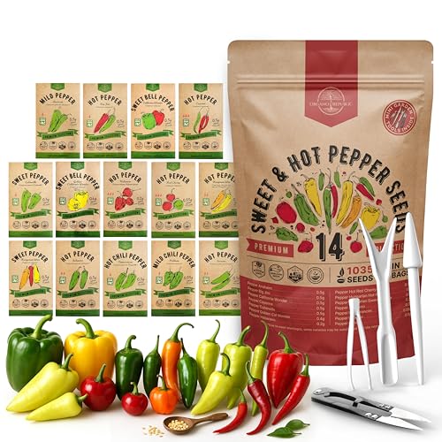 Organo Republic 14 Sweet &amp;amp; Hot Peppers Seeds Variety Pack - 1,030+ Non-Gmo Heirloom Pepper Seeds for Outdoor and Indoor Home Gardening, Including Pepper Cayenne, Habanero, Jalapeno, Poblano, Serrano