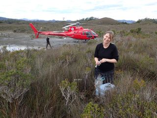 Bernadette Proemes of the University of Tasmania stands in a remote wetland in Tasmania. These wetlands form over calcium-rich limestone and dolomite. The groundwater at the site is thus full of calcium, which seems to be deadly to the local fauna (mainly snails) that would otherwise eat stromatolites. Thus, the wetland may be an unusually well-protected place for the microbial mats to grow.