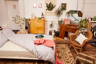 bedroom with indoor plants, a rattan chair, traditional rug and wooden furniture