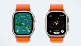 Two Apple Watches side by side showing the new topographic map view.