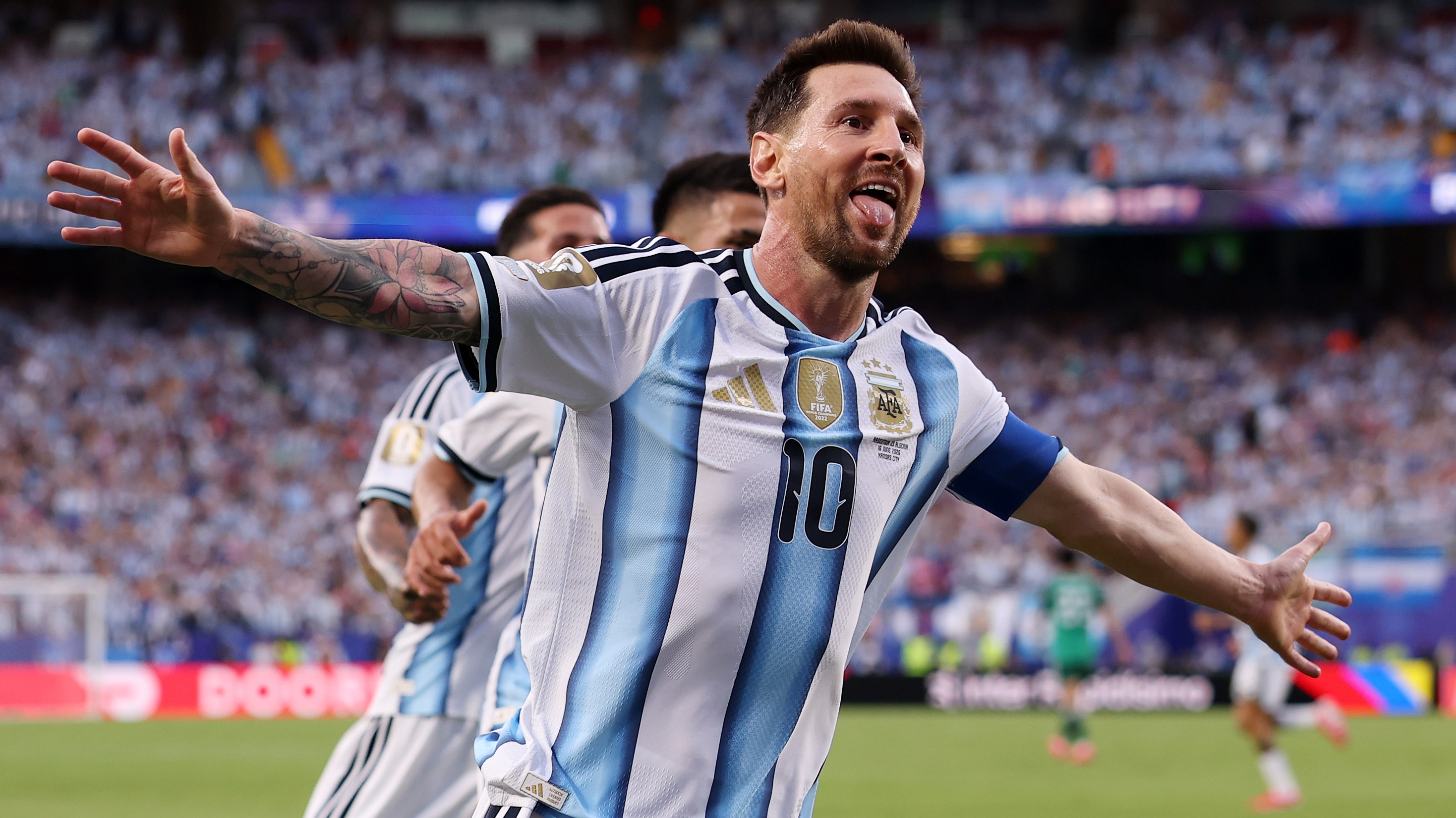 Lionel Messi #10 of Argentina celebrates scoring his team's first goal during the FIFA World Cup 2026 Group J match between Argentina and Algeria at Kansas City Stadium on June 16, 2026 in Kansas City, Missouri.