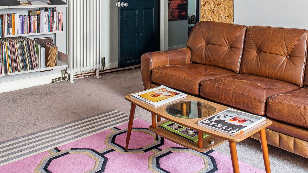 Living room with vintage leather sofa and coffee table