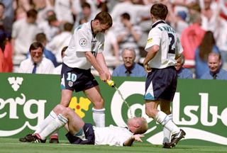 Scotland 0-2 England Euro 96, Paul Gascoigne dentist chair celebration. Scotland vs England at Hampden Park on Tuesday night