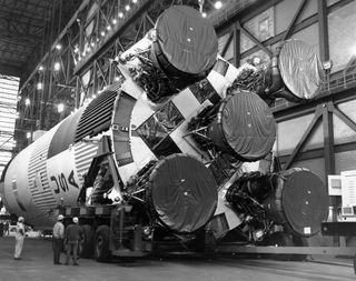 This NASA file photo shows the first stage of the mighty Saturn V rocket used to launch the historic Apollo 11 moon landing mission in 1969 as the booster was being built. The five huge F-1 rocket engines were discarded into the Atlantic Ocean after the J