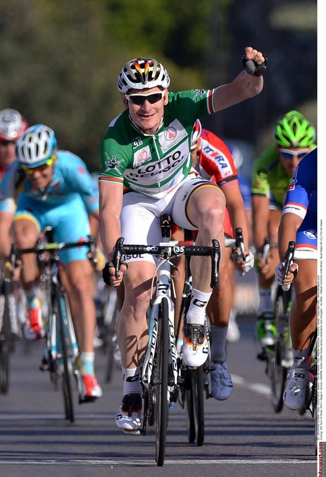 Andre Greipel (Lotto Belisol) celebrates his third win in Oman.