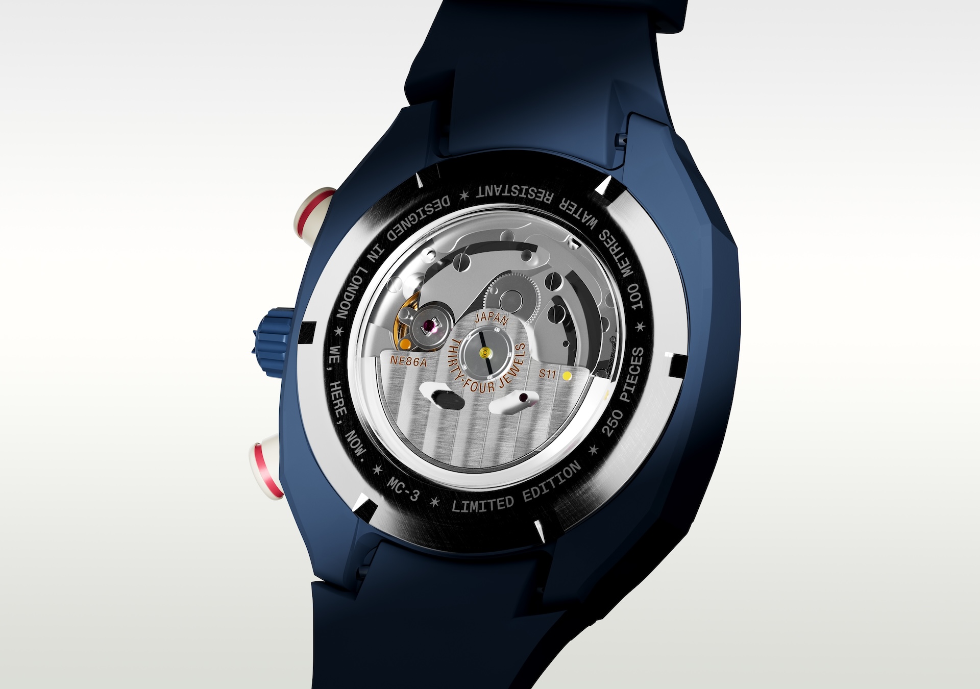Split Watches in each colour, including black, cream and blue as well. Showing off the front and back for each colour