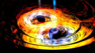 two giant black orbs surrounded by two rings of yellow and white swirling gas clouds