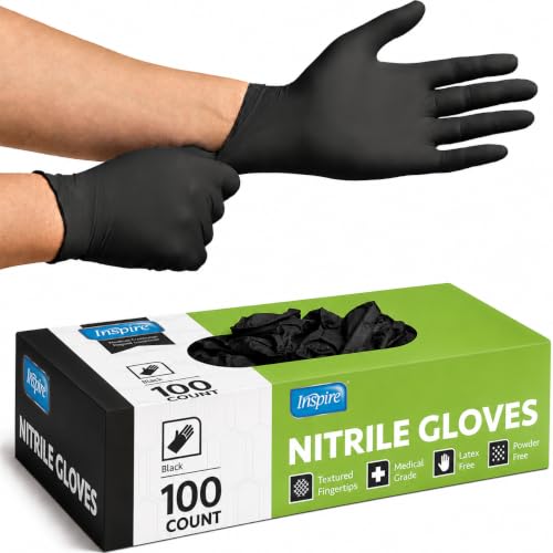 Inspire Black Nitrile Disposable Gloves | 4.5 Nitrile Disposable Safety Medical Cleaning Gloves (black - Box of 100, Large)