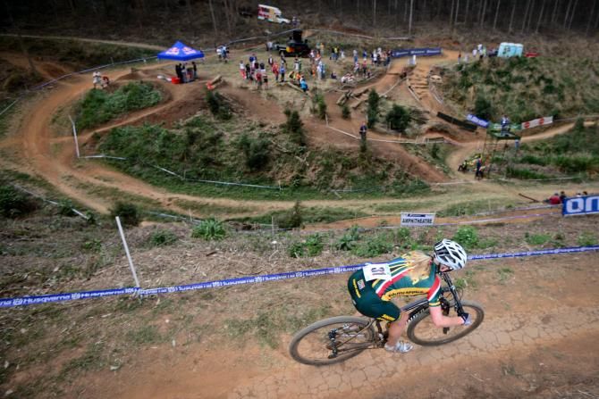 Hayley Smith of South Africa makes her way towards the Amphitheatre section in the under 23 women's cross country race