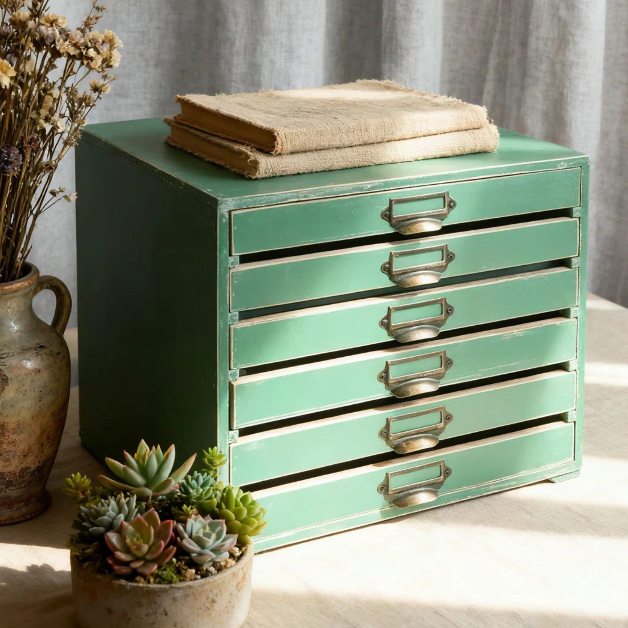 Vintage Wooden Desk Organizer with 6 Drawers