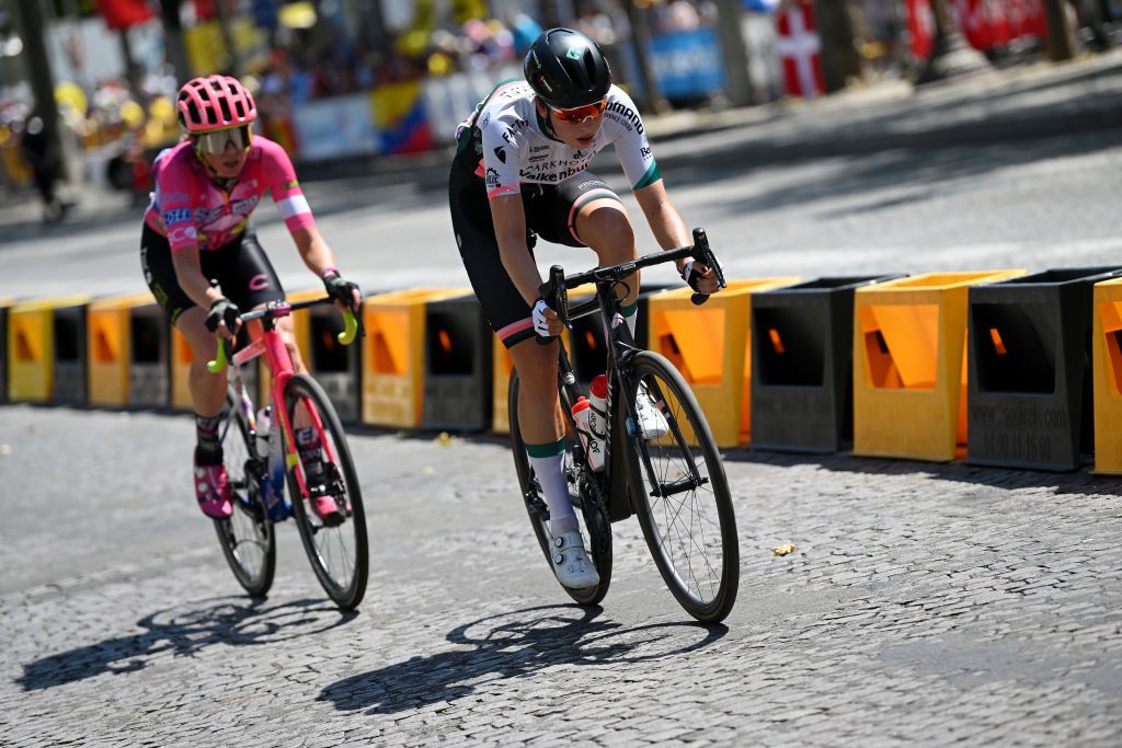 PARIS FRANCE JULY 24 LR Emily Newsom of United States and Team EF Education Tibco Svb and Mischa Bredewold of Netherlands and Team Parkhotel Valkenburg compete in the breakaway during the 1st Tour de France Femmes 2022 Stage 1 a 817km stage from Paris Tour Eiffel to Paris Champslyses TDFF UCIWWT on July 24 2022 in Paris France Photo by Dario BelingheriGetty Images