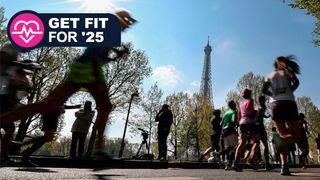 Runners racing in Paris Marathon with Eiffel Tower in the background and badge at top left reading "Get fit for '25"