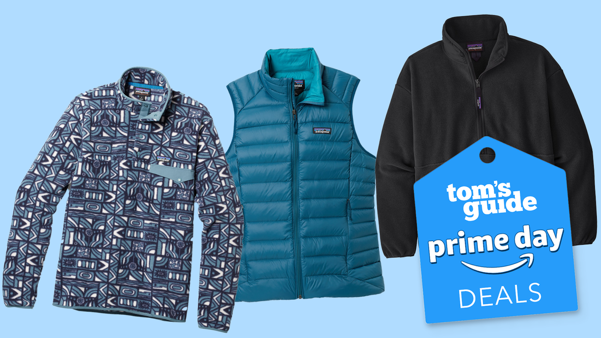 three jackets by patagonia in blue, patterned blue, and black with a blue tom&#039;s guide deals tag