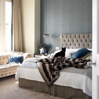 bedroom with cream colour and grey wall bed with designed cushion and black cat