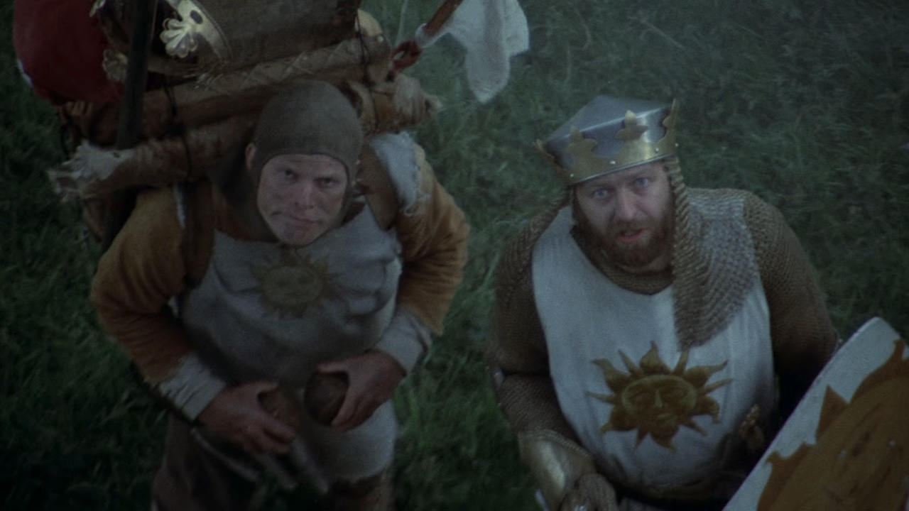 King Arthur and Patsy outside first castle in Monty Python & the Holy Grail