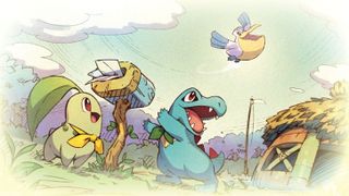 Key art for Pokémon Mystery Dungeon: Rescue Team DX showing Chikorita and Totodile gazing up at Pelipper.