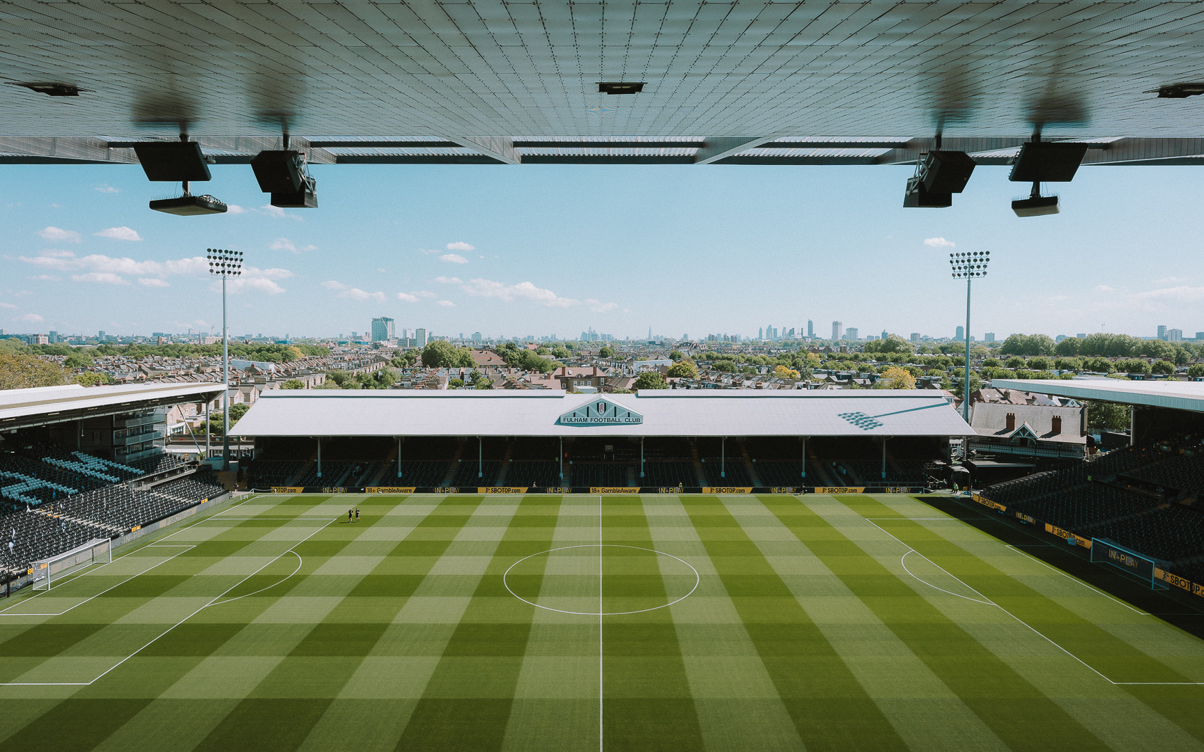 The rooftop view of Fulham FC's pitch from the new Riverside Stand