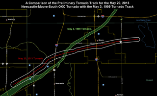 A comparison between the track of a deadly tornado that touched down on May 3, 1999, and preliminary May 20, 2013, tornado tracks.