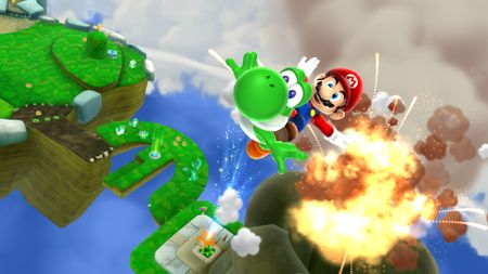 Mario riding on the back of Yoshi with an explosion erupting in the background during Super Mario Galaxy 2