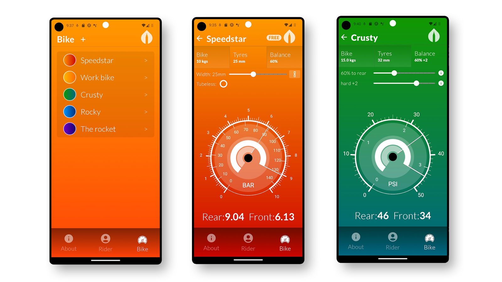 Tyre pressure calc app screen shots showing mapping functionality