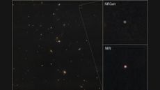 Satellite images of a distant asteroid, appearing as a fuzzy pinkish dot