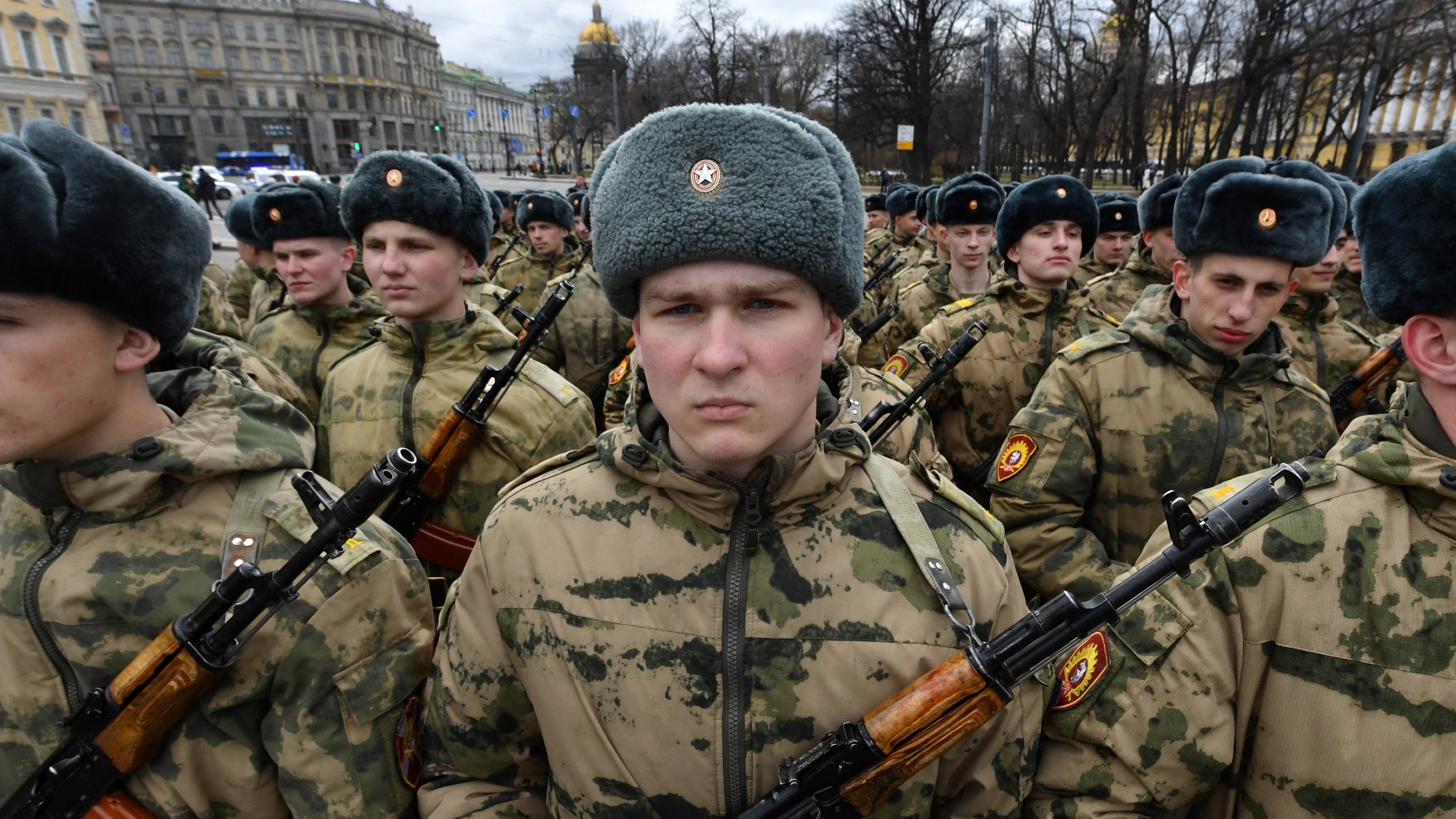 Russian army cadets take part in a rehearsal for a military parade