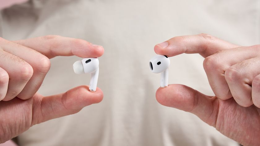 The earbuds for AirPods Pro 2 and AirPods 4 held next to each other