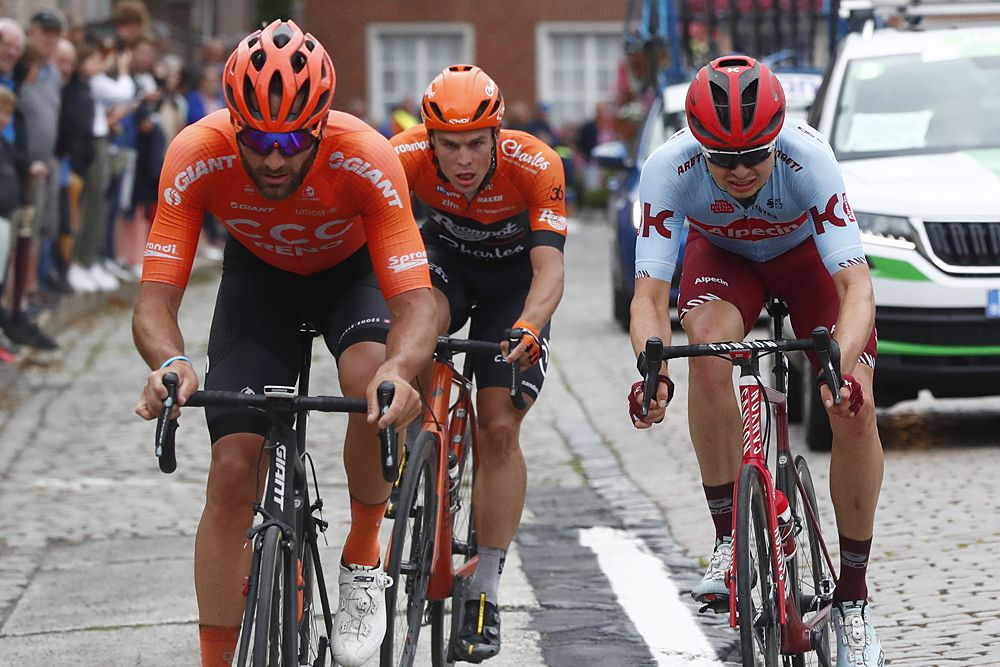 The stage 3 breakaway - Harry Tanfield of United Kingdom and Team Katusha-Alpecin / Stijn Steels of Belgium and Team Roompot-Charles / Guillaume Van Keirsbulck of Belgium and CCC Team / during the 15th Binck Bank Tour 2019