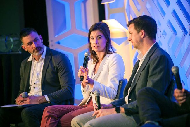 On the &ldquo;Measuring Up&rdquo; panel (from l.): moderator Daniel Punt, FTI Consulting, and panelists Lindsey Woodland, 605, and Tristan Webber, TVision.