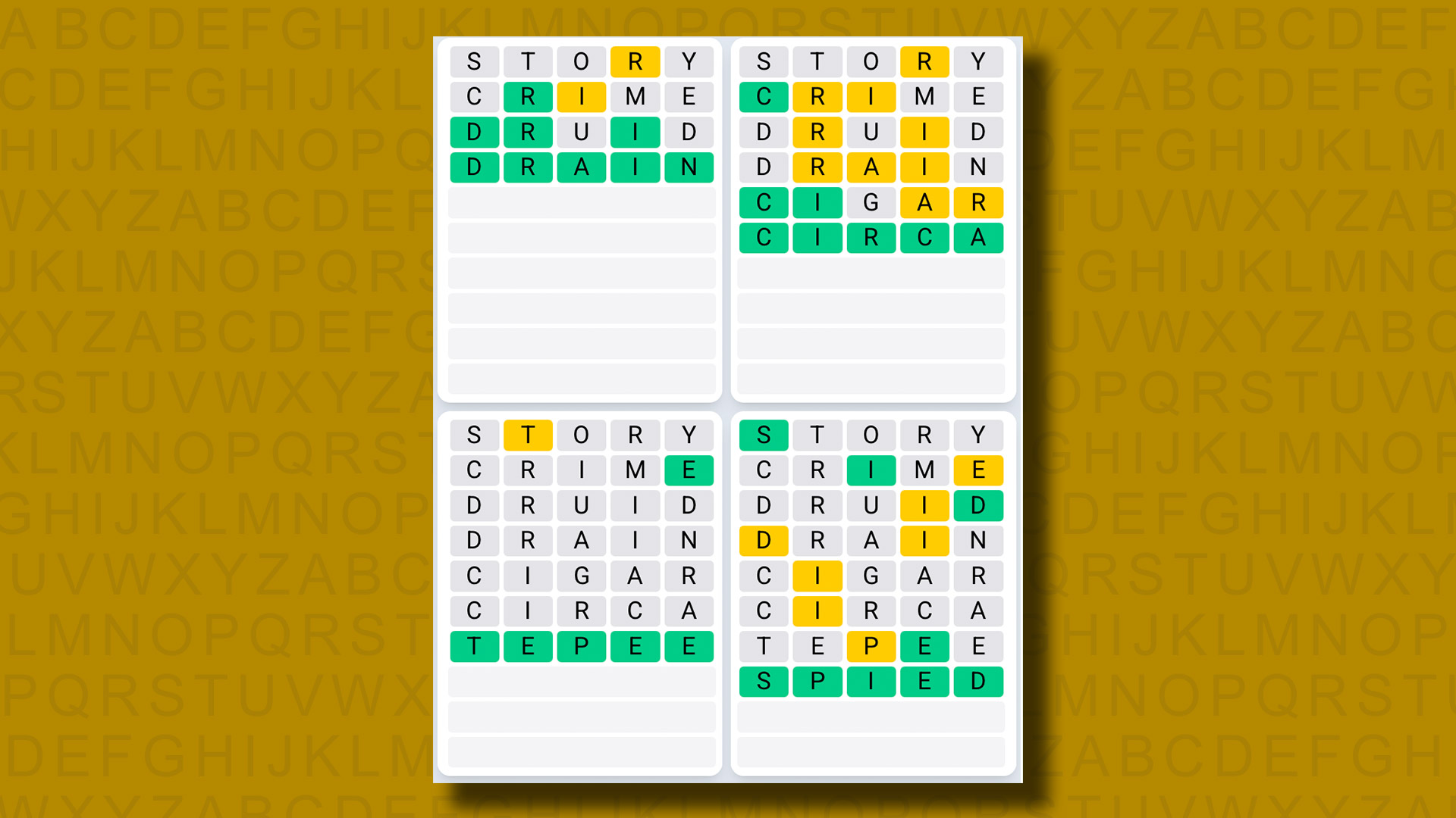 Quordle Daily Sequence answers for game 1238 on a yellow background