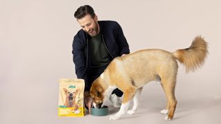 Chris Evans' dog Dodger and the star promoting Jinx dog food