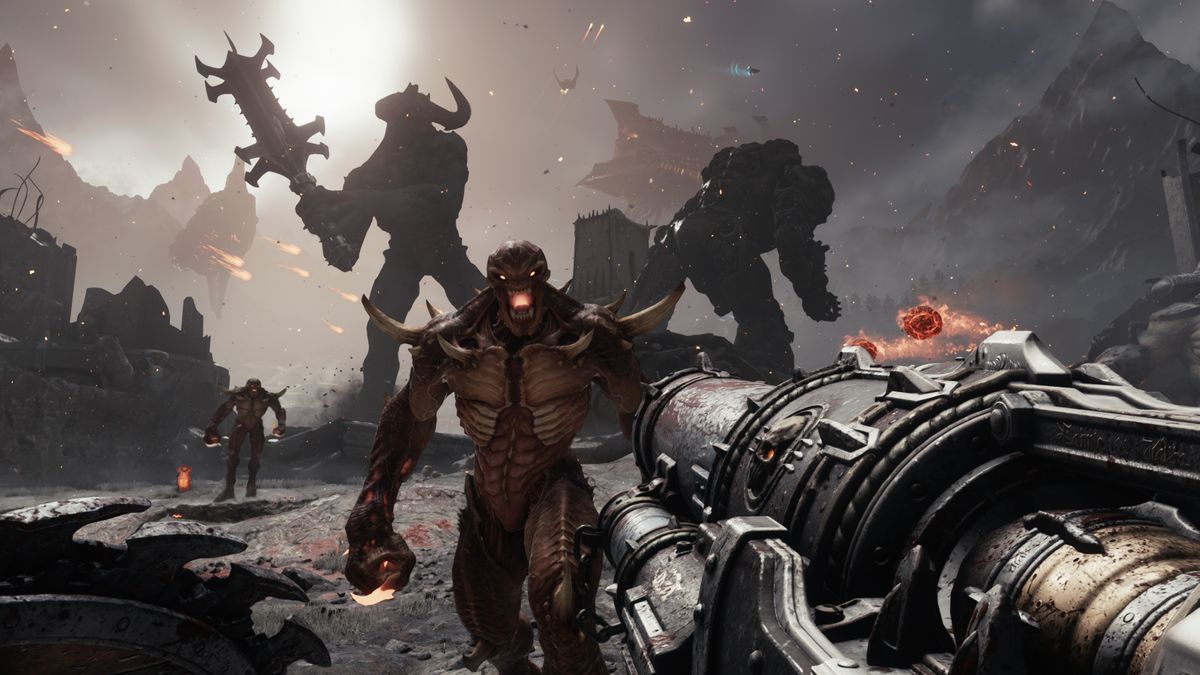 Doomslayer pointing a gun at demons while giants fight in the background