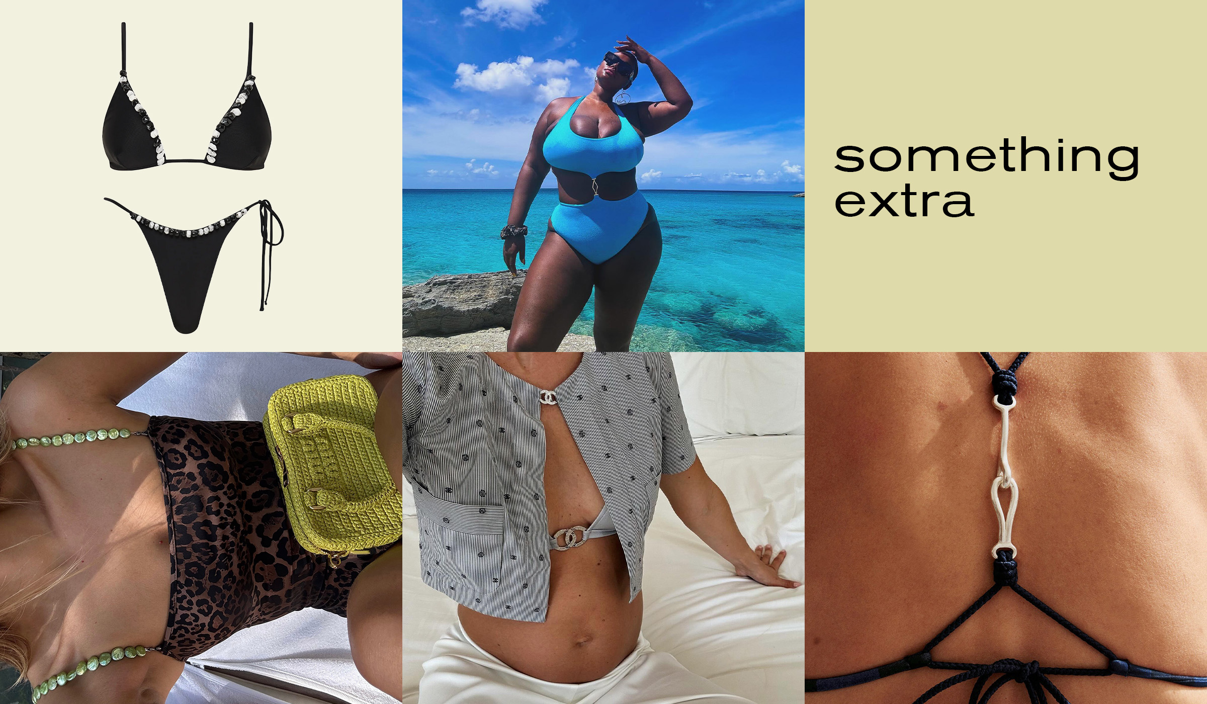 Collage of swimwear with stone and metal hardware.