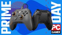 A Scuf Valor Pro (wired) controller, shown front and back, on a custom PC Gamer Prime Day deal background.