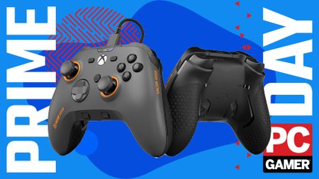 A Scuf Valor Pro (wired) controller, shown front and back, on a custom PC Gamer Prime Day deal background.