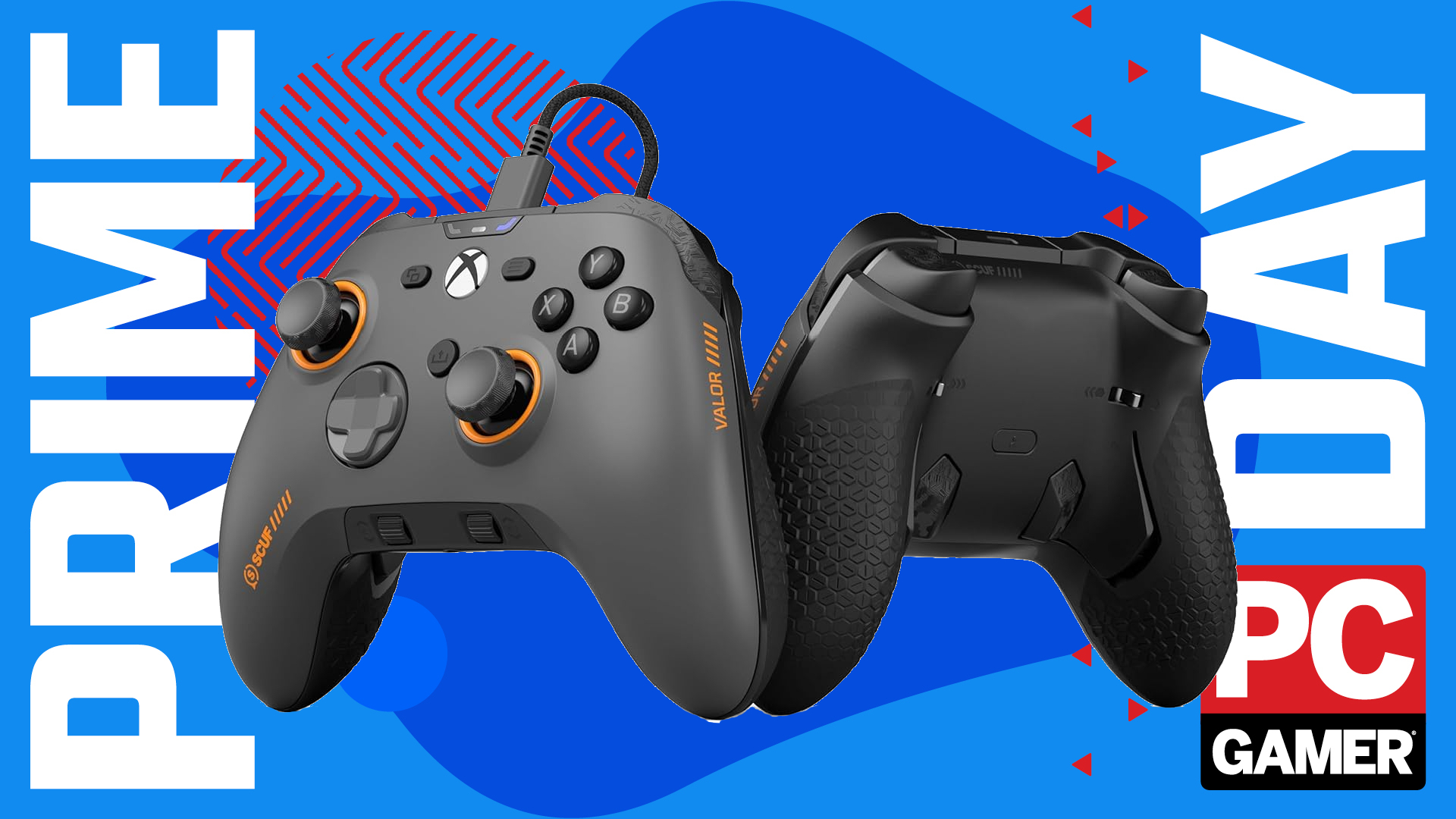 A Scuf Valor Pro (wired) controller, shown front and back, on a custom PC Gamer Prime Day deal background.