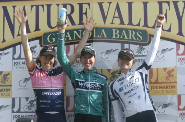Women's GC podium: Alison Powers (1st, Team Vera Bradley Foundation), Katheryn Curi Mattis (2nd, Webcor Builders Cycling Team) and Alison Starnes (3rd, TIBCO / To the Top)