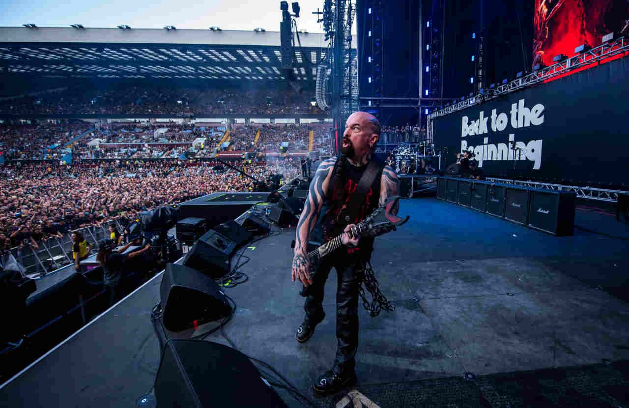 Slayer’s Kerry King performing onstage at the Back To The Beginning show at Villa Park in July 2025