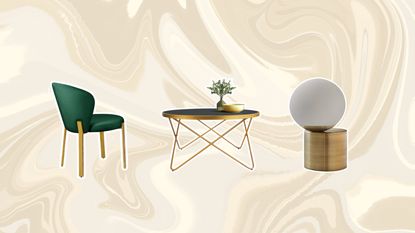Three Amazon furniture pieces on a white swirly background
