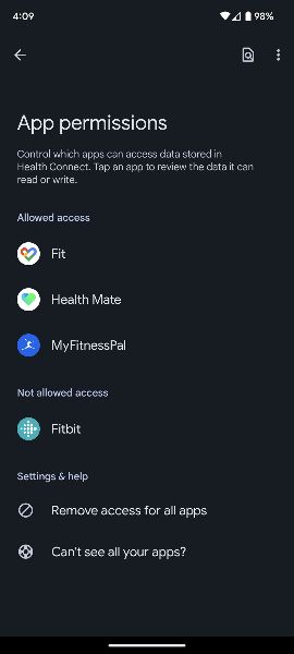 Fitbit permissions in Health Connect